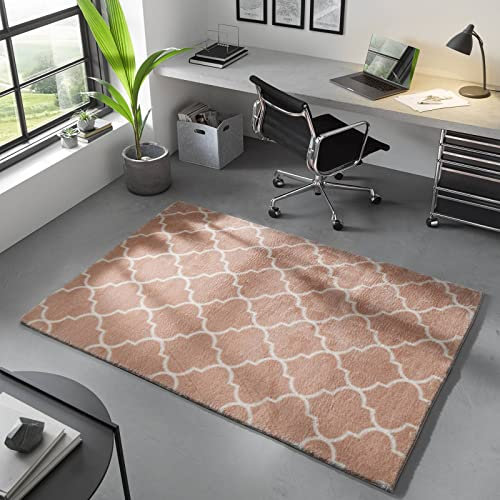 Taracarpet Kurzflor Wohnzimmer Designer Teppich Valetta in skandinavischem Boho Muster waschbar Rosa-Creme 080x150 cm