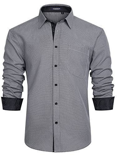 HISDERN Camisas Manga Larga Hombre Camisa de Vestir Formal Casual para Hombre Camisa Pata de Gallo con Bolsillo Slim Fit Elegante para Cena Trabajo,Gris 2,XXL