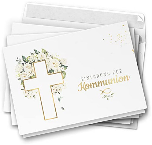 10 Einladungskarten Klappkarten Kommunion mit Umschlägen Motiv Kreuz Blumen Einladung zur Feier Jungen Mädchen edel kirchlich
