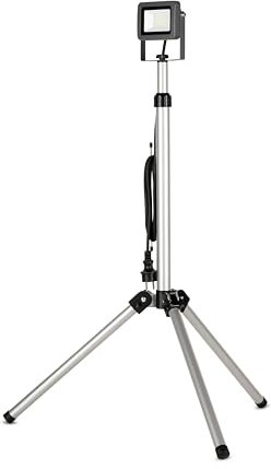 REV Baustrahler mit Stativ - 10W, 900lm, 6500K, LED Baustrahler für Baustelle, Werkstatt & Keller, Baustellenlampe IP65 für innen & außen, silber
