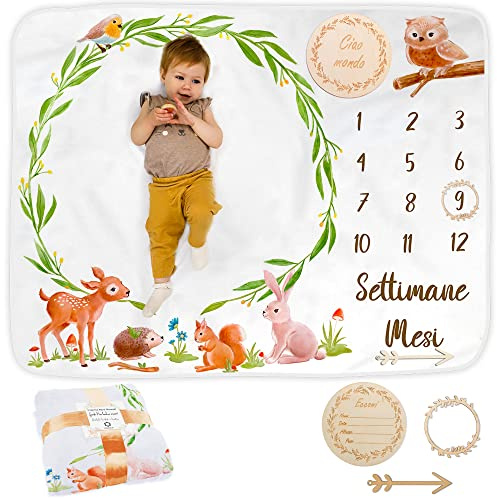Coperta Mesi Neonato In Italiano | Tappeto Per Maschio O Femmina, Unisex | Foresta | Regalo Baby Shower Personalizzato Per Neomamme | Cornici In Legno Incluse