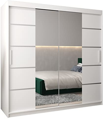 ABIKSMEBLE Verona 4 200 Armadio a Due Ante Scorrevoli per Camera da Letto - Armadio Moderno con Specchio, Appendiabiti e Ripiani - 200x200x62 cm - Bianco Opaco