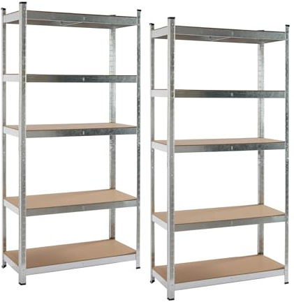 KITHOME - Pack de 2 Estanterías Metálicas de Acero Galvanizado con 5 Baldas de MDF, Plata, 180x90x40cm