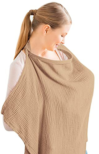 Konssy Muslin Nursing Cover for Baby Breastfeeding, Breathable 100% Cotton Breastfeeding Cover with Rigid Hoop for Mother Nursing Apron Multi-use Carseat Canopy (Sand)