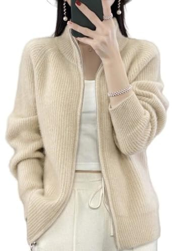 LIROMA Merino Wool Cardigan Womens,Ribbed Knitted Cardigan Open Front Full Zip Ladies Sweater Coat Autumn Winter Soft Warm Knitwear Jacket Jumper Outerwear Sweatshirt Coat,Beige,S