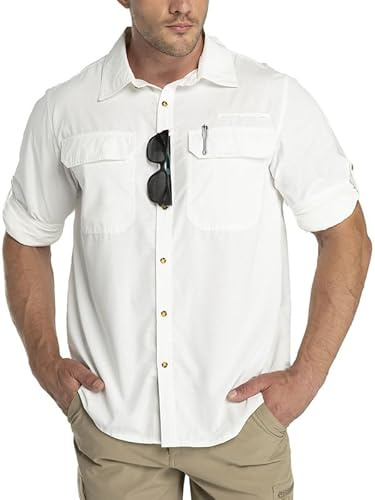 Outdoor Ventures långärmad skjorta utomhus funktionell skjorta snabbtorkande skjortor casual fritidsskjorta andningsaktiv sportskjorta vår sommar höst med fickor för vandring camping resor, Vit, 4XL