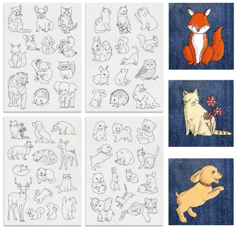 BENECREAT 4Sheets 52Pcs Animal Water Soluble Embroidery, 30x21cm Cats Dogs Rabbits Stick and Stitch Embroidery Paper Stabilizer Water Soluble Hand Sewing for Shirts, Coats, Bags