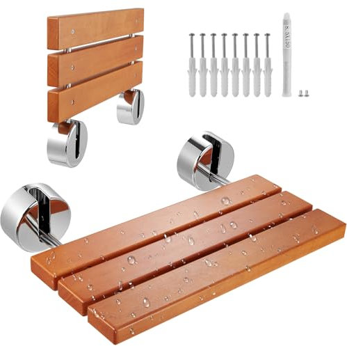 VEVOR Folding Teak Shower Seat, 20.1 x 13.2 Unfolded, Wall Mounted Fold Up Shower Bench with 440 lbs Load Capacity, Space Saving Home Care Fold Down Shower Chair, for Seniors Pregnant Women Children
