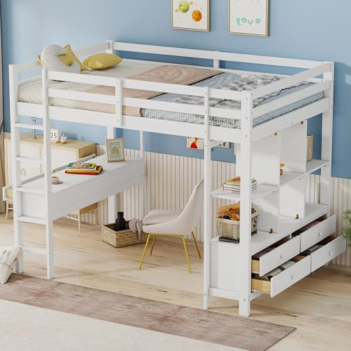Kebnor Cama alta de madera con cajones de almacenamiento, somier y escritorio bajo la cama para niños y niñas (blanco, 140 x 200 cm)