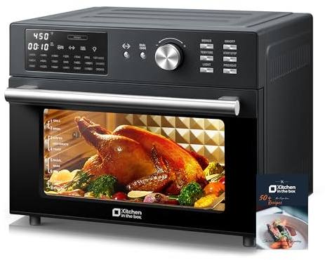 Kitchen in the box 32QT Extra Large Air Fryer Toaster Oven Combo, 21-in-1 Countertop Convection Toaster Oven with Rotisserie and Dehydrate, 6 Accessories, 1800W Dual Cook Preset (Black)