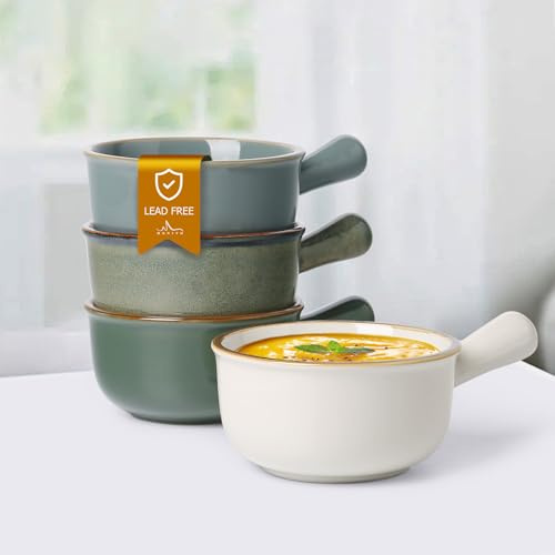 MONITO 14 Oz French Onion Soup Bowls, Ceramic Soup Bowls with Handles, Stackable Soup Crocks Oven Safe for Chili, Beef Stew, Cereal,Casseroles Microwave & Dishwasher Safe, Set of 4