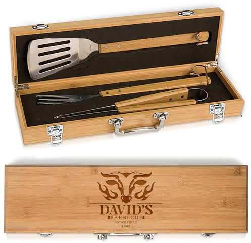 The Flame - Personalized BBQ Tool Set - 3 Utensils + Bamboo Box - BBQ Grilling Accessories - Grill Gifts for Him, Men, Dad, Husband - Smoker Accessories - Grill Utensils Set - Unique Men Birthday Gift
