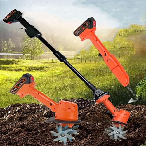 Electric Garden Tiller and Digging Hoe with 2x Batteries and Telescopic Pole, Cordless Tiller Cultivator, Hand-held Lawn Yard Garden Tiller for Gardening, Soil Cultivation, Ground Breaking, Tending