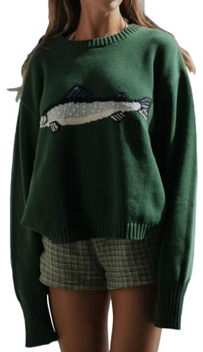 Muspeczenith Women Y2K Fish Graphic Sweater Pullover Long Sleeve Crew Neck Oversized Knit Top Fall Winter Going Out Knitwear