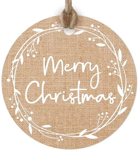 50 pcs Brown Merry Christmas Tags Round Paper Tags for Presents Christmas Labels with String Wreath Personalized Design for Xmas Gift Wrapping Decorations