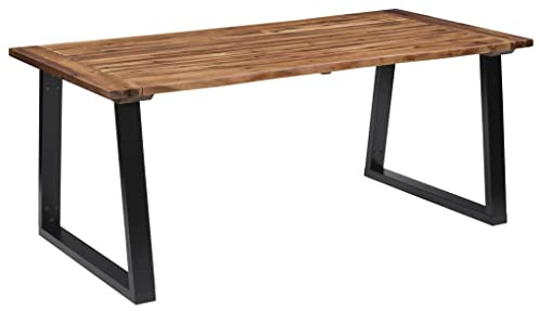 Tavolo da pranzo in legno massiccio di acacia, 180 x 90 cm, rettangolare da cucina con bordo naturale, gambe in metallo a forma di U, durevole tavolo da pranzo dal design industriale