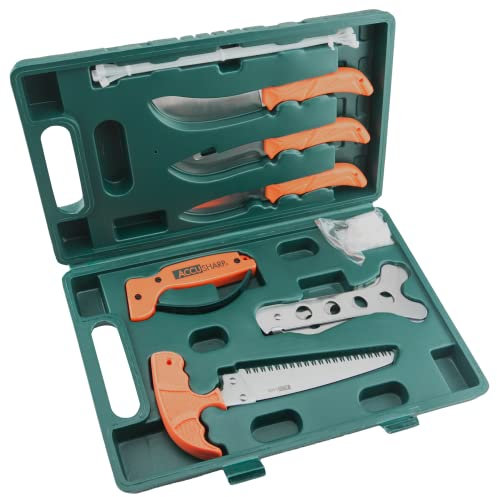 AccuSharp 9-teiliges Jagdmesser-Set mit Koffer – inklusive Metzgermesser, Kapermesser, Hakenmesser, Knochensäge, Rippenspreizer, Handschuhe und Messerschärfer – für Angeln, Wandern und Camping