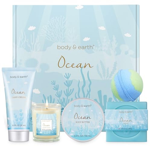 BODY & EARTH Pamper Gifts for Women, 5 Pcs Ocean Bath Spa Gift Set Includes Scented Candle, Body Butter, Gift for Mum Birthday Gift Sets Christmas Mothers Day Gifts Valentine Gifts for Women