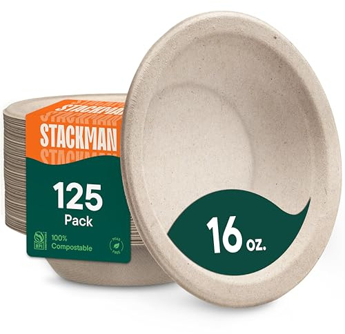 Paper Bowls, 100% Compostable Disposable Soup Bowl [125-Pack] - PFAS-Free - BPI Certified - [16 oz] Heavy Duty, Eco-Friendly, Biodegradable Bagasse Hot Food Plates and Bowls - Natural Brown