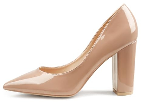 JOY IN LOVE Chunky Heels for Women High Block Heel Pointy Toe Dress Work Pumps Nude 6US