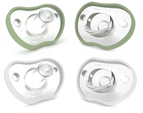 Nanobebe Baby Pacifiers 0-3 Month - Orthodontic, Curves Comfortably with Face Contour, Award Winning for Breastfeeding Babies, 100% Silicone, Baby Registry Gift 4pk, Sage/White