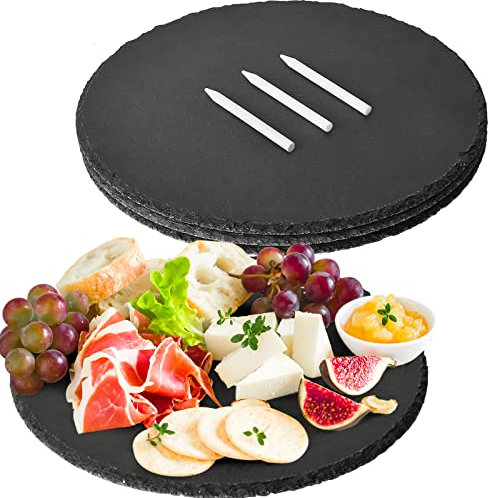 MAPRIAL 11 x 11 i 4-pack skifferostbrädor, runda svarta stenplattor Charcuterie-brädor serveringsbricka skifferfat display griffeltavla med täljstenskrita för halloween jul, fest, gåvor