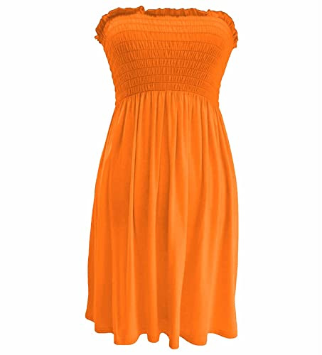 STAR FASHION Women’s Strapless Sheering Ruched Bandeau Dress Plain Boob Tube Sleeveless Midi Dress Summer Holiday Beach Flared Dress Soft Stretch Neon Orange UK 20-22