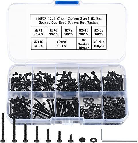 410 piezas de tornillos M2 de cabeza hexagonal, acero al carbono 12.9, surtido de tuercas y arandelas para máquinas con llaves Allen (negro)