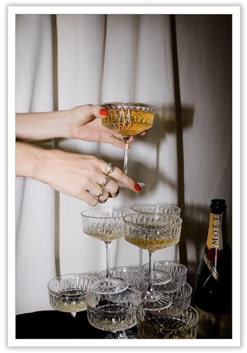 Dcvjiy Funny Colorful Champagne Glasses Canvas Wall Art Retro Champagne Tower Poster Funky Bar Cart Prints Painting Kitchen Dining Room Pub Wall Decor 16x24in Unframed