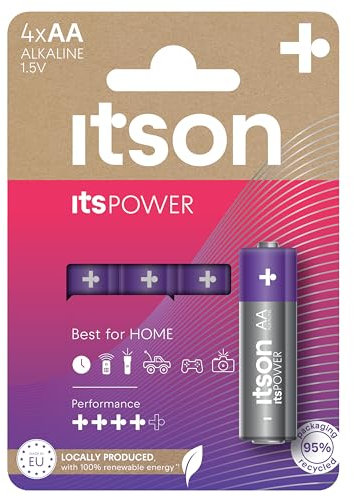 ITSON, Batterien AA, 4 Stück, Alkaline Batterien, 1.5V, für Uhren, Taschenlampen, Fernbedienungen, umweltfreundliche Verpackung 95% recycelt