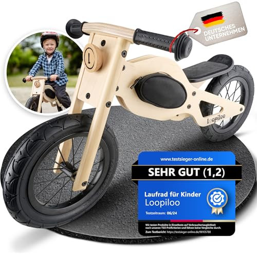 LOOPILOO Kinder Laufrad ab 2 Jahre bis 30kg, Balance Bike aus Holz, Rahmentasche, [höhenverstellbarer Sitz], Lauflernrad, 12 Zoll, [spielerische Förderung], Kind fördern