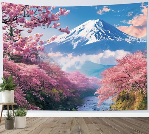 LB Arazzo Rosa Floreale Arazzo da Parete Albero ciliegio in fiore montagna giapponese Telo da Parete Paesaggio naturale Arte Muraria per Soggiorno Camera da Letto Dormitorio Decorazione,200x150cm