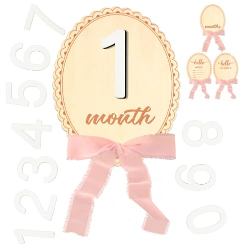 Colingmill 2 Pcs Monthly Baby Milestone Signs Cards with Pink Bow Wooden Coquette Discs Newborn Photography Props to Document Your Baby's Growth 1-12 Newborn Gift for Girl and Boy(Oval)