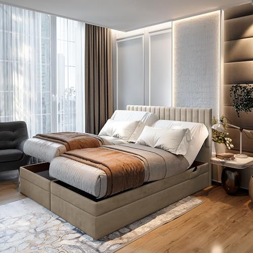 TRADA Boxspringbett ADÈLE 180 x 200 cm – elektrische Bett mit Matratze + Tooper und Bettkasten - Stoffbezug Veloursstoff - Beige - 180 x 200 cm