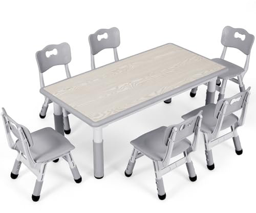 Clevich Kindertisch mit 6 Stühlen,Kinder Tisch Stuhl Set für Kindergarten und Kinderzimmer,Kindertischgruppe Höhenverstellbar,Plastik Kindermöbel,Sitzgruppe für Jungen Mädchen,Grau