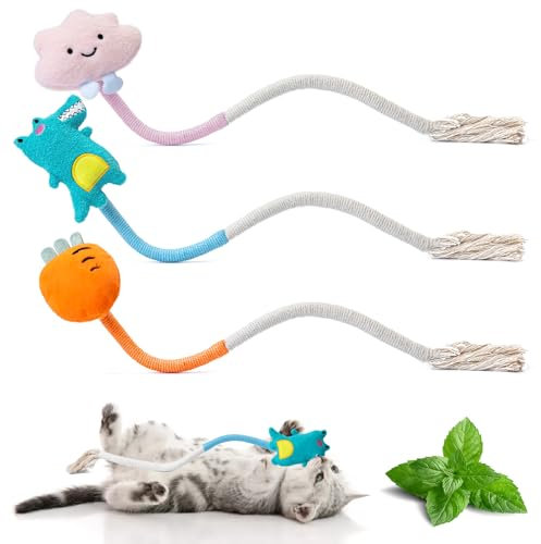 Kito Lee Jouets interactifs pour chat d'intérieur - Corde en sisal - Jouet en corde serpent avec peluche à mâcher - Jouet de nettoyage des dents pour chat (3 pièces)
