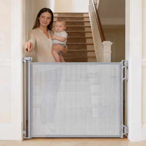 SPACEANY Retractable Safety Baby Gate or Mesh Dog Gate,Durable Portable Mesh Retractable Gate,Easy to Use for Stairs, Doorways, Hallways, Indoor, Outdoor, 33.5 Tall, Extends to 45 Wide,Grey