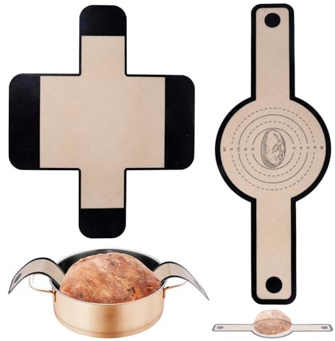 Gosknor 2pz Imbracatura Pane Riutilizzabile Silicone per Dutch Oven, Rotonda & Rettangolare Rivestimento Stampo Pane Tappetino Forno con Manico Lungo Resistente al Calore Antiaderente Accessori Forno