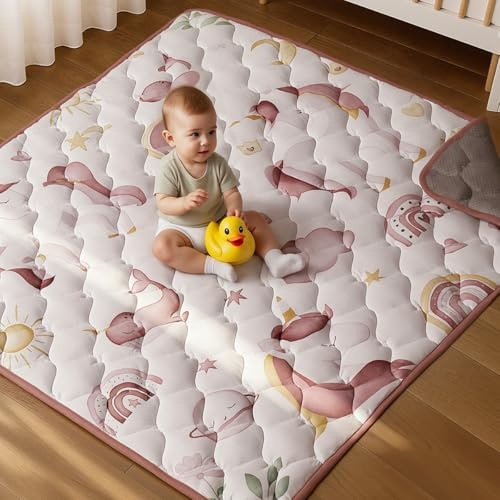 COMOMY Baby Play Mats for Floor 127x127 cm, Quilted Soft Padded, Pink | Foldable Washable Playmat for Playpen, Anti-Slip Crawling Mat, Activity Matt for Babies, Toddlers and Kids