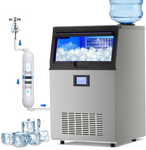 Garvee Commercial Ice Machine, 100 LBS/24h Ice Maker with 2 Water Inlet Modes, 50Pcs/Cycle, 33 LBS Storage Bin, Ice Machine for Home Bar, Coffee Shop, Business
