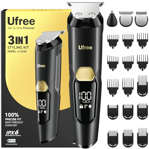 Ufree 3-in-1 Beard Trimmer Kit, Men's Electric Shaver Razor for Mustache Body Nose Facial Hair, Professional Hair Trimmer, Rechargeable Clippers, Waterproof Beard Grooming, Birthday Gifts for Men