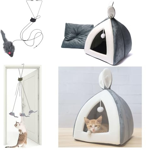 Furforstk cama para gatos, cueva para gatos Con juguete colgante cama gato cueva, cat bed, casa gato, Adecuado para mascotas de menos de 6 kg, Resiste eficazmente el frío, L (L)