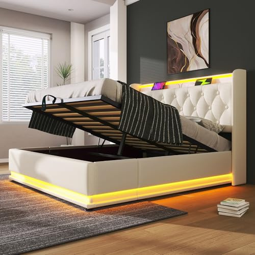 SURUEO 4ft6 Upholstered Double Ottoman Bed with 360 Surround Led Function, Hydraulic Storage Bed Frame with Large Storage Space, Double Bed with Charging Function, No Mattress (White, 135 x 190 cm)