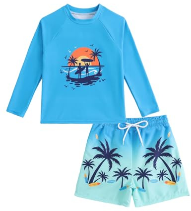 UV Badebekleidung Junge Set Gr 110-158, Zweiteiliger Schwimmanzug Kinder, UPF 50+ Langarm Badeshirt UV Kinder & Badehose Jungen, Teen UV Shirt Hawaii, Blau 7-8 Jahre/122-128