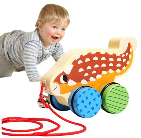 Giocattolo Traino in Legno | Automobilina Dinosauro Cartoon da Trainare | Giocattolo da Traino con Camminamento | Per Bambini di Entrambi i Sessi, Indoor, Asilo, Scuola Materna, Pavimento
