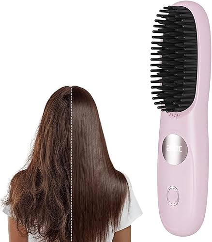 ZFFAFUR Cordless Hair Straightener Brush, Mini Fast Heating USB Rechargeable, Portable Travel Hair Brush for Women Valentine‘s Day Gift Pink