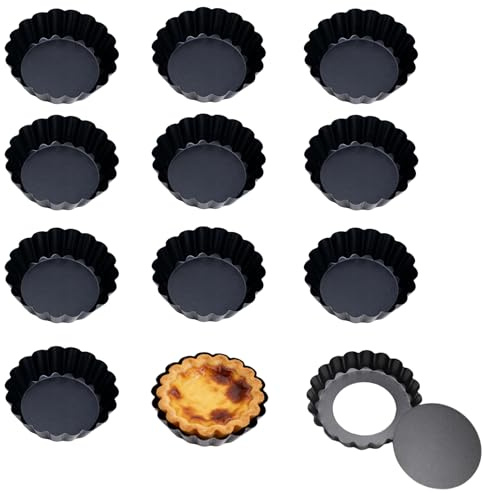 FDKene 12 Pezzi Stampo Crostata con Fondo Amovibile, in Acciaio al Carbonio Antiaderente, 4 Pollici/10 cm Stampi per Crostatine e Quiche, Ideali per Torte, Cheesecake e Dolci da Forno