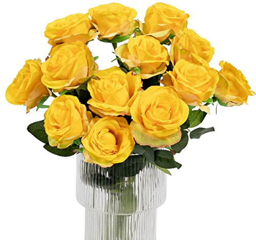 Kisflower 12Pcs Rosen Künstliche Blumen Realistische Einzelstielblumen Seidenrosenstrauß für Hochzeitsfeier Büro Home Decor (Farbverlauf gelb)