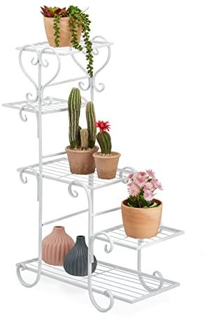 Relaxdays, weiß Blumenregal Metall, Vintage, HxBxT: 75 x 56 x 23 cm, Pflanzenregal innen, Blumentreppe mit 5 Ablagen, Eisen