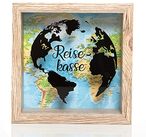 Logbuch-Verlag Spardose Reisekasse Geschenk Geburtstag Hochzeit Weltkarte Globus Motiv braun bunt Sparbüchse für Reise Urlaub 15 cm